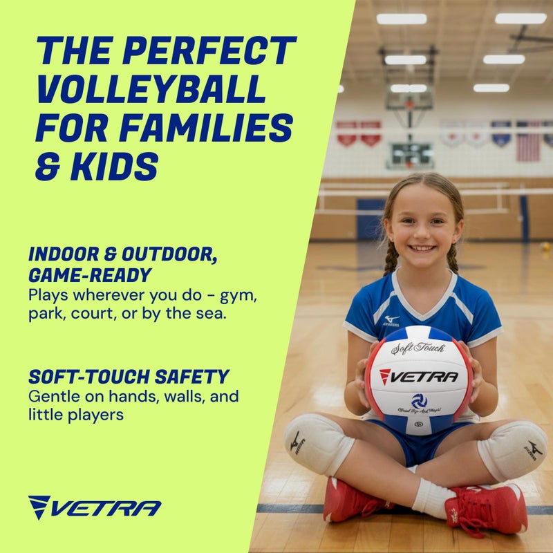 VETRA Soft Touch Volleyball - Official Size 5, Blue/Red/White, 1-Pack - Soft-Touch Comfort & Plush Ball - Durable PVC Cover, Training Equipment - Sport Gift for Indoor, Sand & Pool Ball - Image 2